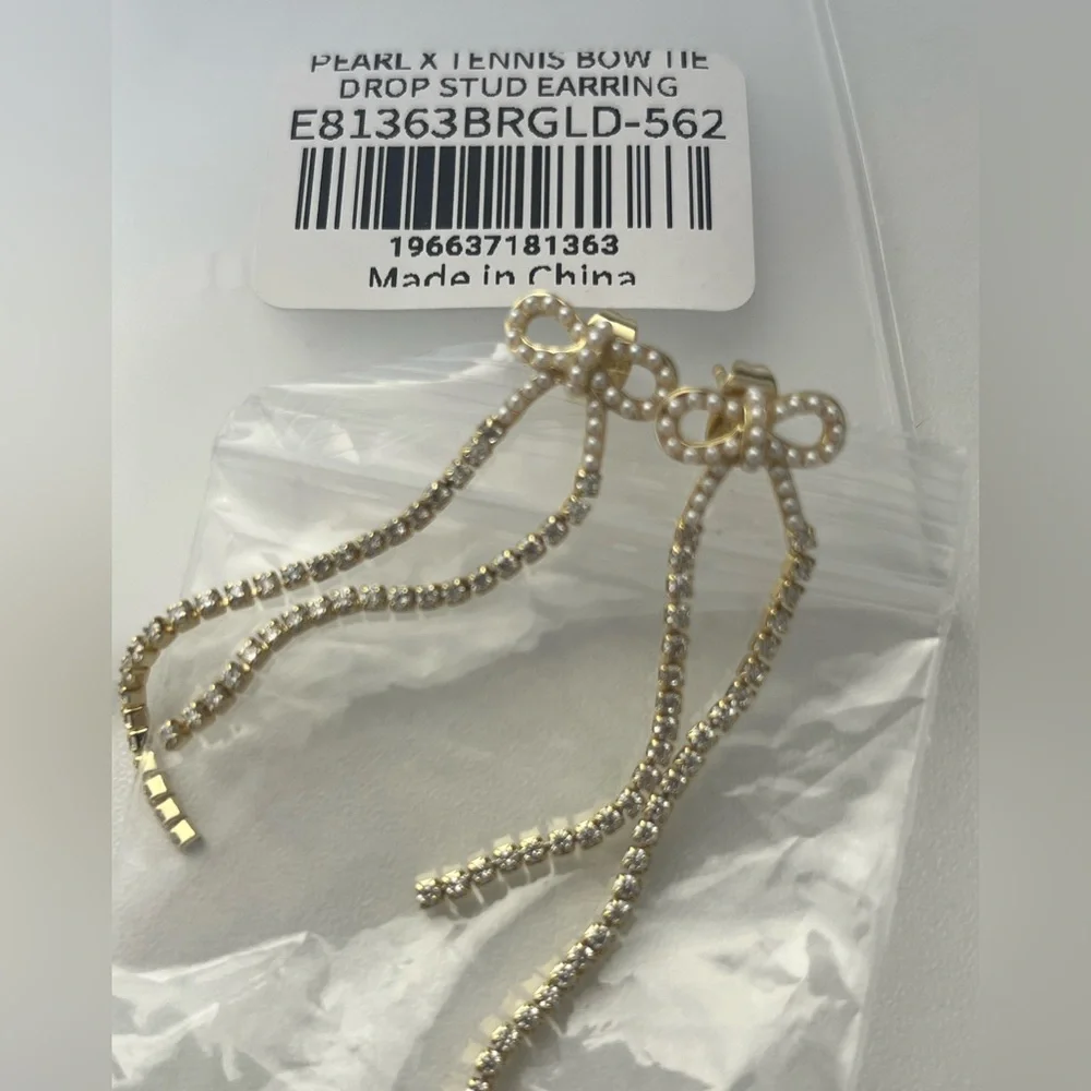Pearl X Tennis Bow Tie Drop Stud Earring Adina Eden never worn
